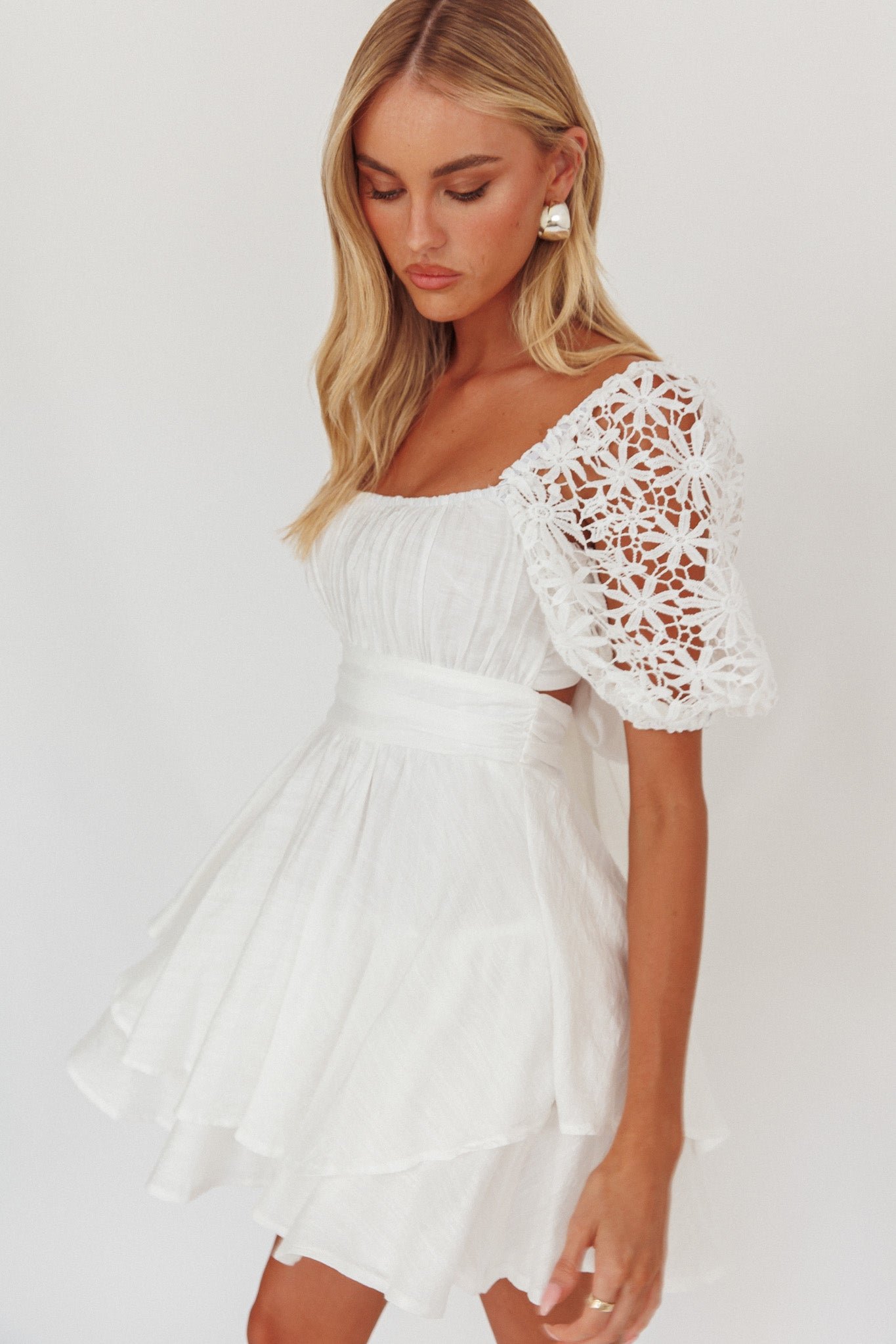 KJ0044DC11WHITE-1 Abby Lace Puff Sleeve Tie-Up Back Dress White - Image 1