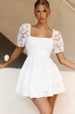 Abby Lace Puff Sleeve Tie-Up Back Dress White - Image 2