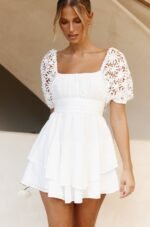 Abby Lace Puff Sleeve Tie-Up Back Dress White - Image 7