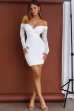 Moonrise Off-Shoulder Long Sleeve Ruched Dress White - Image 3