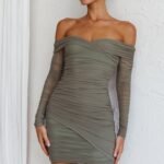 Moonrise Off-Shoulder Crossover Neckline Long Sleeve Ruched Dress Olive