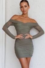 Moonrise Off-Shoulder Crossover Neckline Long Sleeve Ruched Dress Olive - Image 4