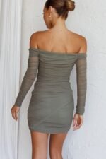 Moonrise Off-Shoulder Crossover Neckline Long Sleeve Ruched Dress Olive - Image 17