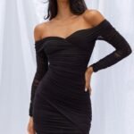 Moonrise Off-Shoulder Crossover Neckline Long Sleeve Ruched Dress Black