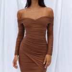 Moonrise Off-Shoulder Crossover Neckline Long Sleeve Ruched Dress Chocolate