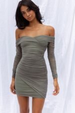 Moonrise Off-Shoulder Crossover Neckline Long Sleeve Ruched Dress Olive - Image 9