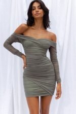 Moonrise Off-Shoulder Crossover Neckline Long Sleeve Ruched Dress Olive - Image 8