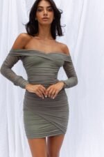 Moonrise Off-Shoulder Crossover Neckline Long Sleeve Ruched Dress Olive - Image 12