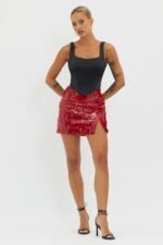 Intentions Sequin Mini Skirt Red - Image 3