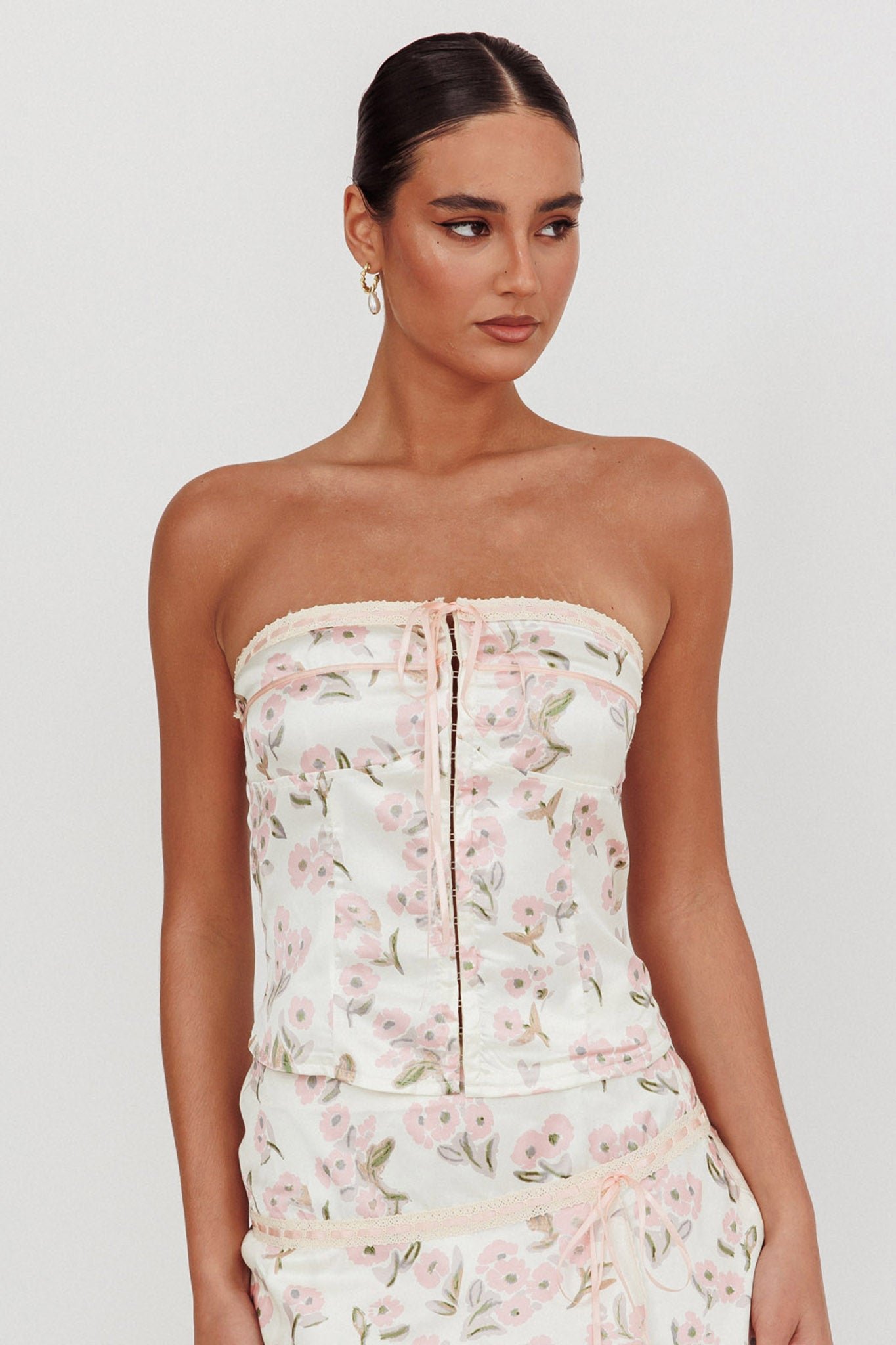 SLBR2919-T_20PINK-1 Tiya Strapless Ribbon Top Floral Pink - Image 1