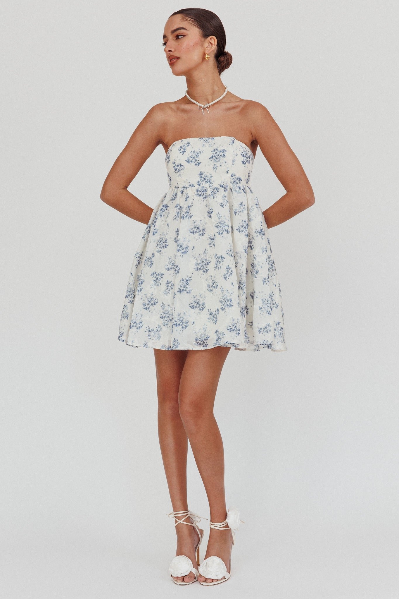SLCD12407BLUE-2 Vitoria Strapless Babydoll Dress Floral Blue - Image 1