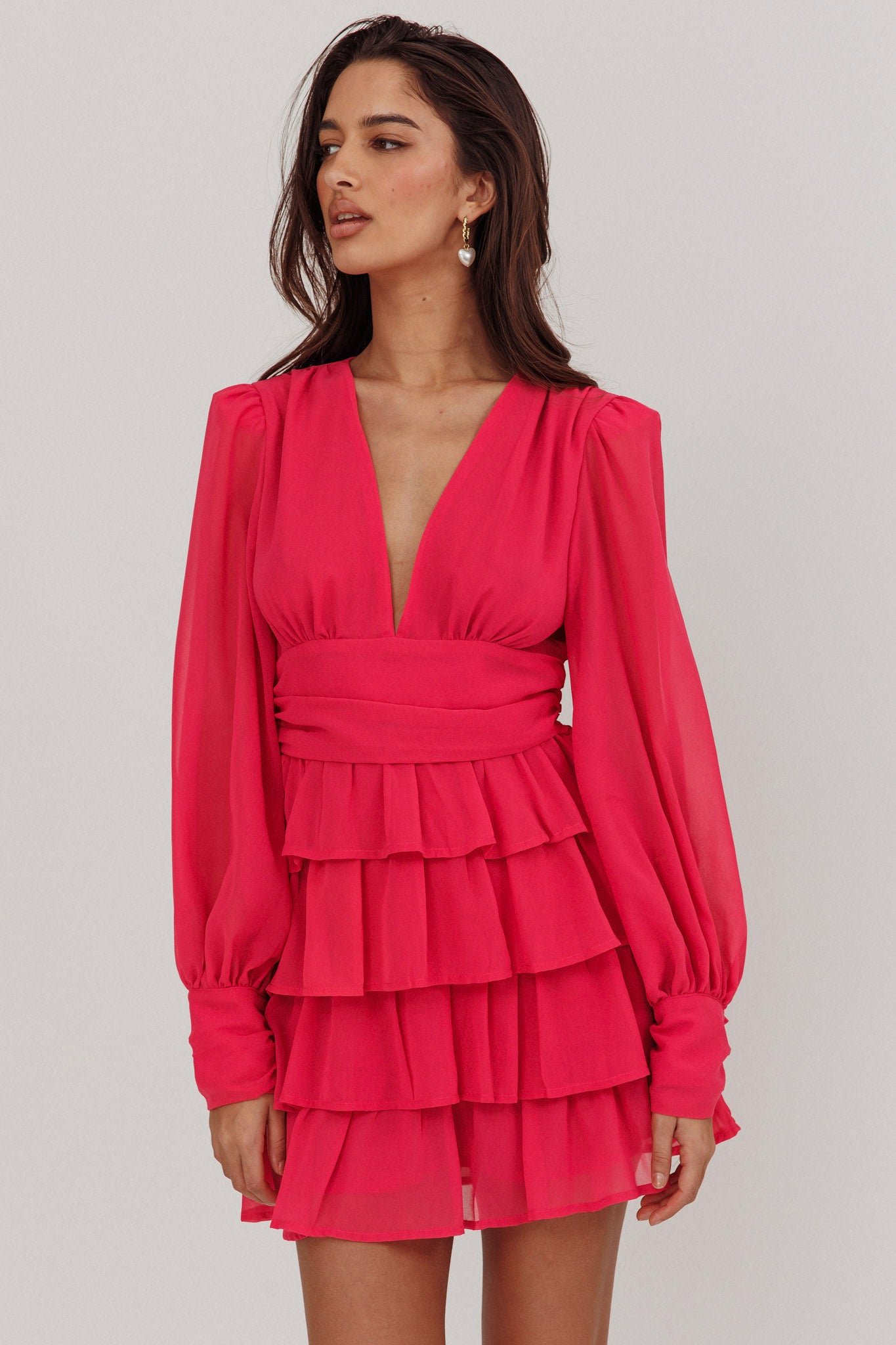 SLES1206_20FUCHSIA-1 Dalisa Long Sleeve Ruffle Mini Dress Fuchsia - Image 1