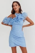 Hollyn One-Shoulder Ruffle Mini Dress Baby Blue - Image 9