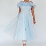 May Rose Off-Shoulder Tulle Midi Dress Light Blue
