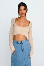 Pippi Flared Cuff Knit Crop Top Taupe - Image 3