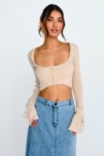Pippi Flared Cuff Knit Crop Top Taupe - Image 5
