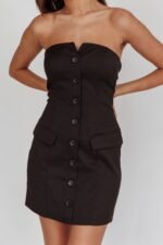 Titania Strapless Buttoned Mini Dress Black - Image 6