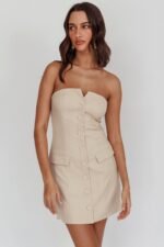 Titania Strapless Buttoned Mini Dress Light Taupe - Image 5