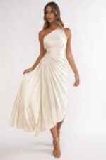 Brooklynn One-Shoulder Accordion Pleat Dress Champagne - Image 4