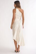 Brooklynn One-Shoulder Accordion Pleat Dress Champagne - Image 7