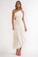 Brooklynn One-Shoulder Accordion Pleat Dress Champagne - Image 11