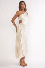 Brooklynn One-Shoulder Accordion Pleat Dress Champagne - Image 12