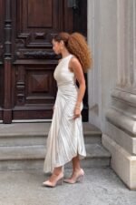 Brooklynn One-Shoulder Accordion Pleat Dress Champagne - Image 3
