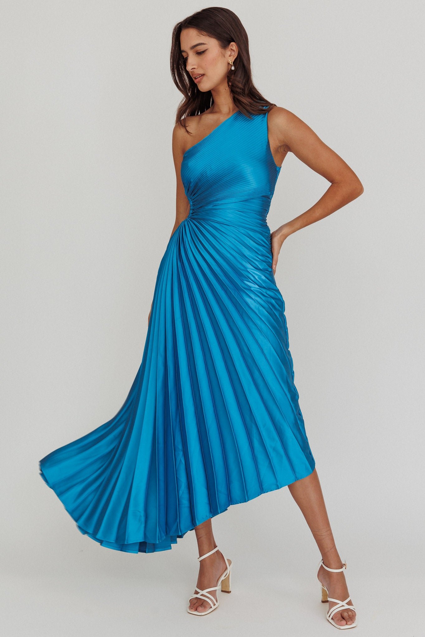 SLLD9479_20TEAL-1 Brooklynn One-Shoulder Accordion Pleat Satin Midi Dress Teal - Image 1