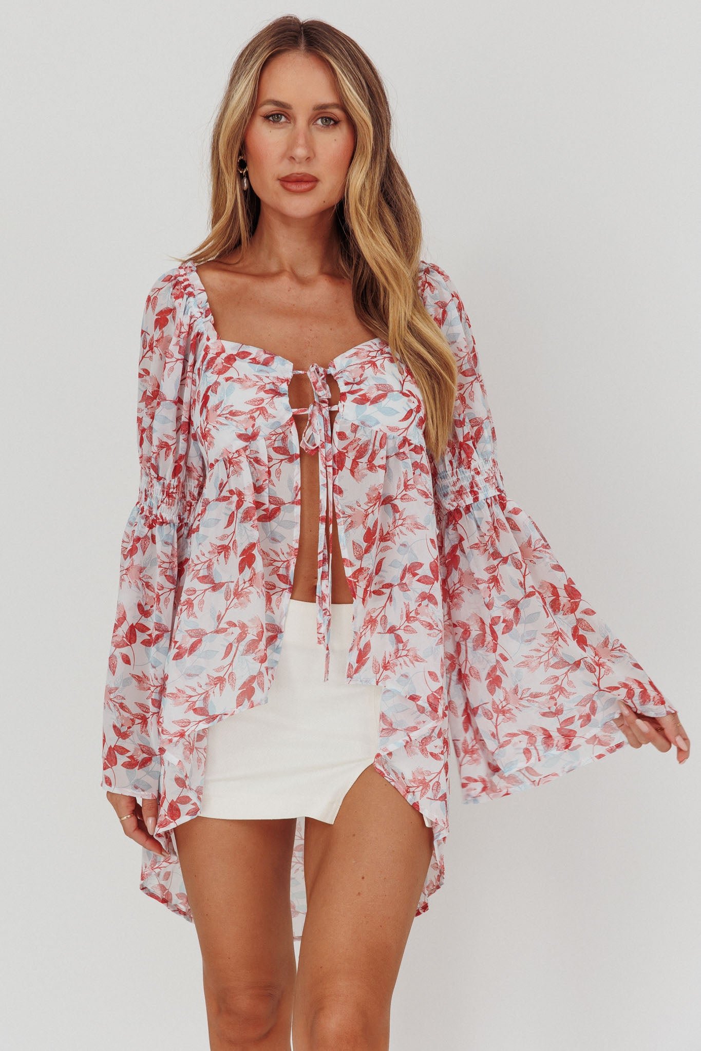 SLLT1366_20BRICK-1 Ganyah Tie Front Blouse Print Brick - Image 1