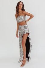 Star Girls Open Split Sequin Maxi Skirt Silver - Image 2