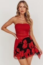 Night Drive Mesh Floral Mini Skirt Black/Red - Image 3