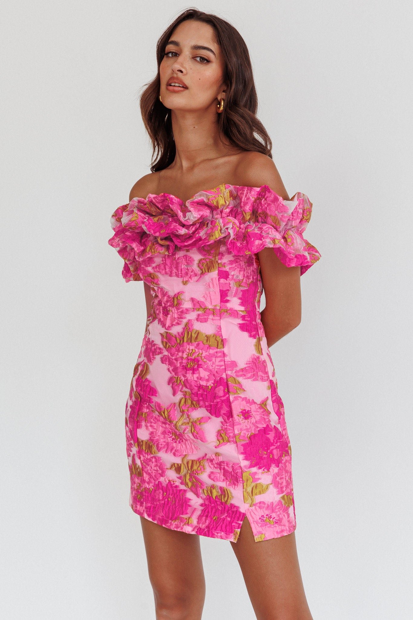 SLSD393222M01PINK-1 Memoire Off-Shoulder Textured Mini Dress Pink - Image 1