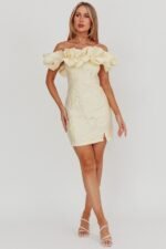 Memoire Off-Shoulder Jacquard Mini Dress Lemon - Image 3