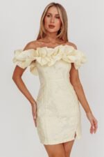 Memoire Off-Shoulder Jacquard Mini Dress Lemon - Image 6