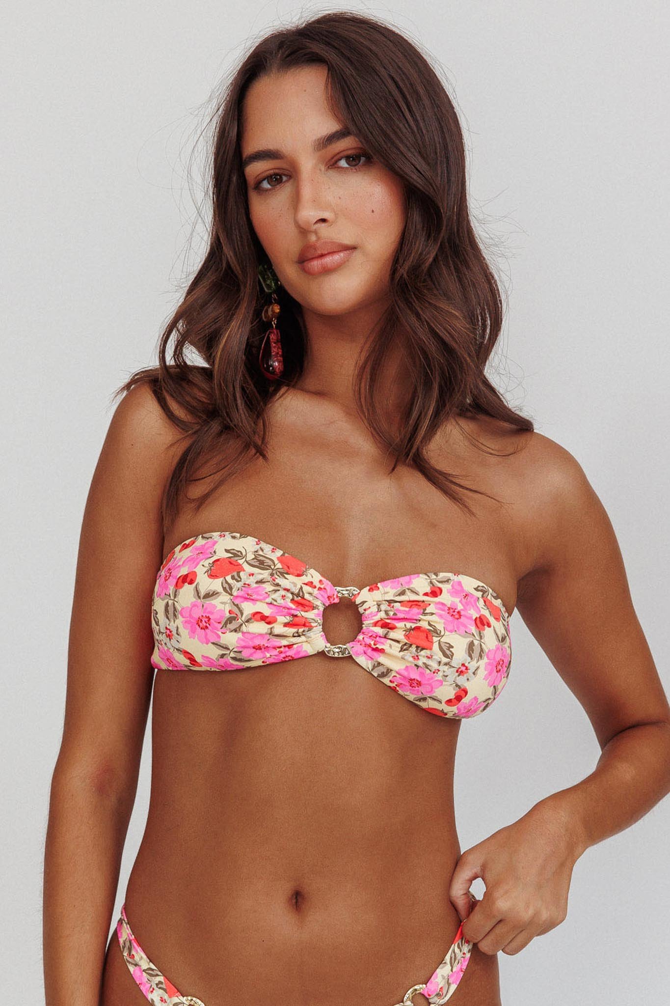 SLSW001YFLORAL-1 Agape Bandeau O-Ring Bikini Top Yellow Floral - Image 1