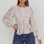 Helix Balloon Sleeves Peplum Top Dusty Blue/Peach
