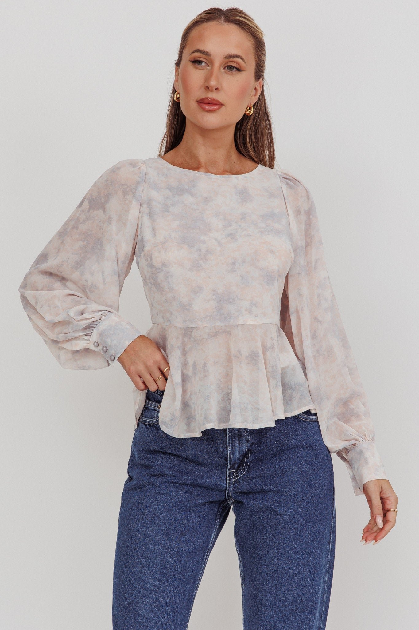 SLT1202DUSTYBLUEPEACH-1 Helix Balloon Sleeves Peplum Top Dusty Blue/Peach - Image 1