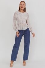 Helix Balloon Sleeves Peplum Top Dusty Blue/Peach - Image 3