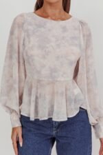 Helix Balloon Sleeves Peplum Top Dusty Blue/Peach - Image 4