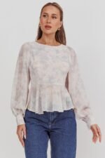 Helix Balloon Sleeves Peplum Top Dusty Blue/Peach - Image 5