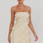 Gold Stars Strapless Ruffle Mini Dress Beige