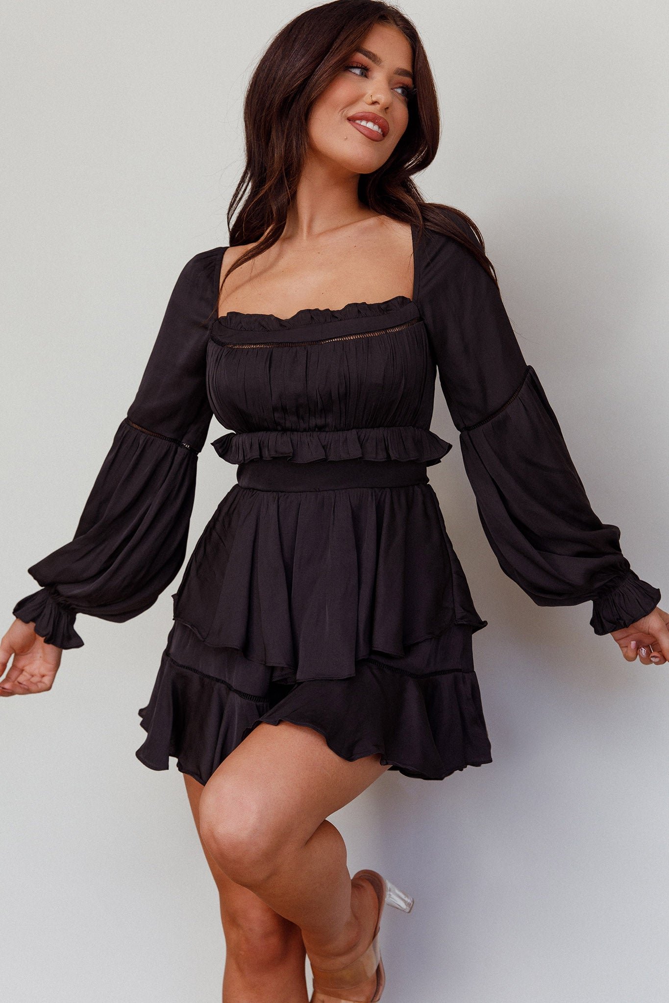 SR0173B_20BLACK-1 Alabama Long Sleeve Satin Romper Black - Image 1