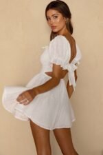 Buongiorno Bella Shirred Lace Up Bodice Mini Dress White - Image 2