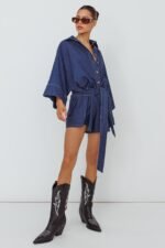 Daytona Beach Long Sleeve Shirt Romper Indigo - Image 3