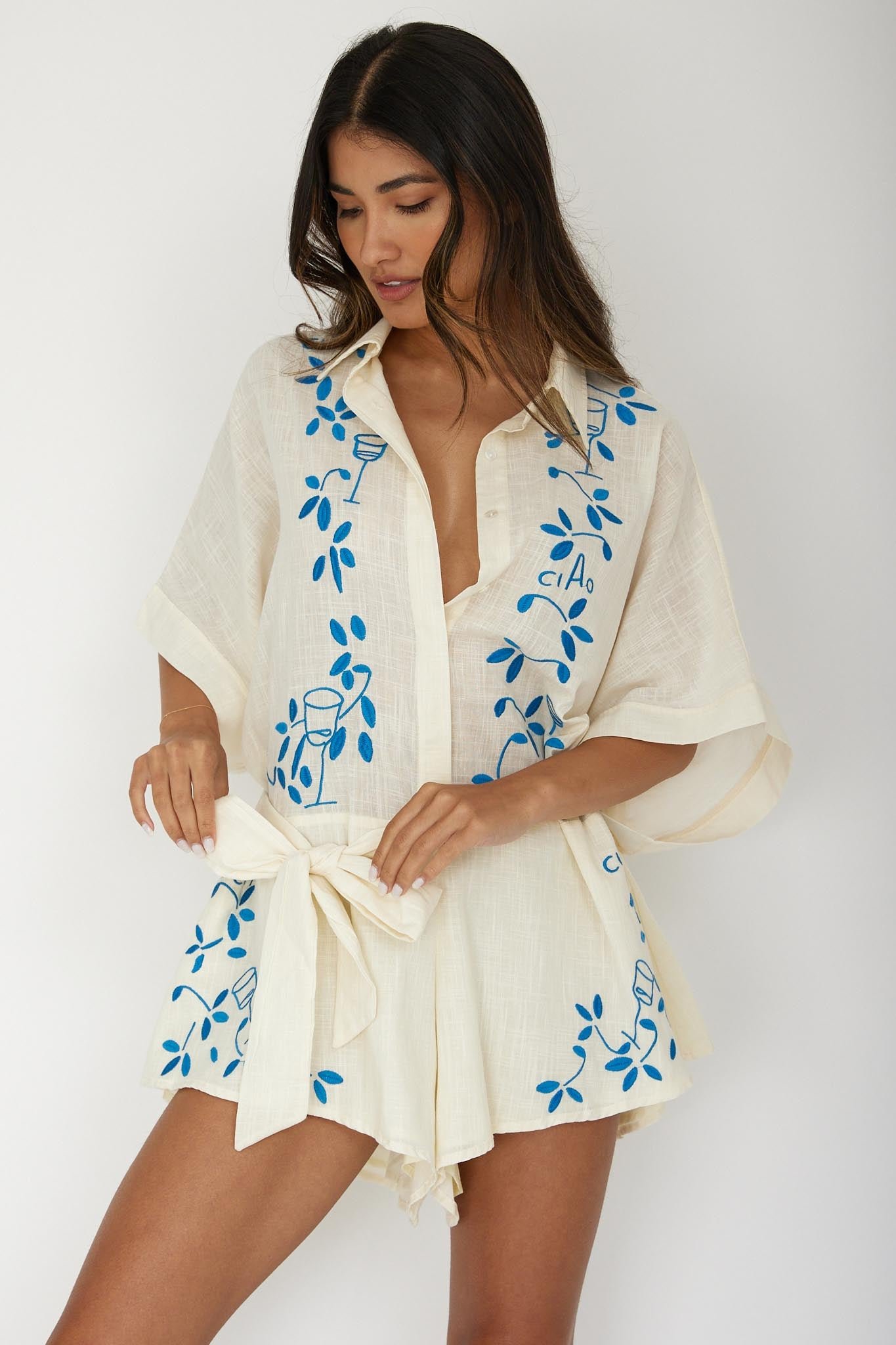 SR0663J20_20BEIGE-1 Daytona Beach Button-Up Romper Embroidered Beige - Image 1
