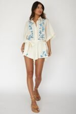 Daytona Beach Button-Up Romper Embroidered Beige - Image 3