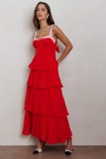 Provence Bloom Tiered Ruffle Maxi Dress Red - Image 5