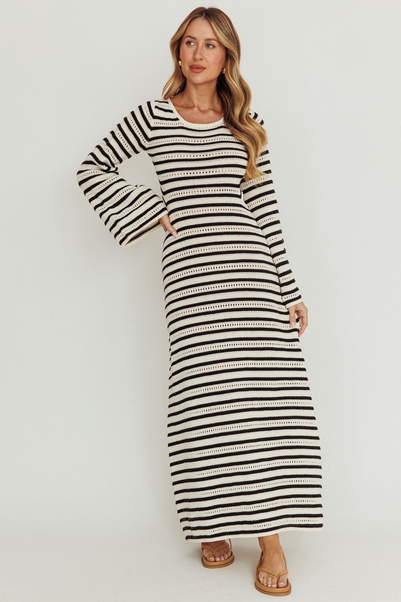 SR0856D02CREAMBLACK-1 Meredith Long Sleeve Cut-Out Maxi Dress Cream Black - Image 1