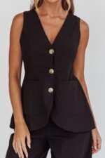 Philomena Button Pocket Vest Top Black - Image 4