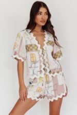 Breakaway Graphic Print Tied Short Sleeve Shirt Olive - Image 6